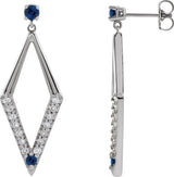 14K Gold Round Natural Blue Sapphire & Natural Diamond Accented Geometric Earrings II - White Gold