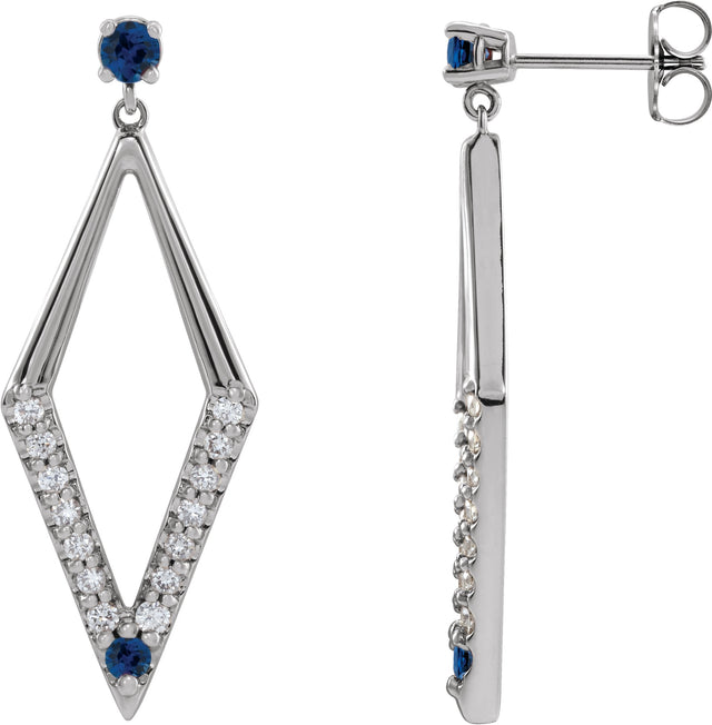 14K Gold Round Natural Blue Sapphire & Natural Diamond Accented Geometric Earrings II - White Gold