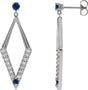 14K Gold Round Natural Blue Sapphire & Natural Diamond Accented Geometric Earrings II - White Gold