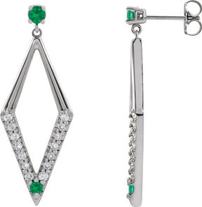 Platinum Round Natural Emerald & Natural Diamond Accented Geometric Earrings