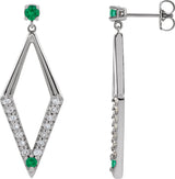 14K Gold Round Natural Emerald & Natural Diamond Accented Geometric Earrings - White Gold