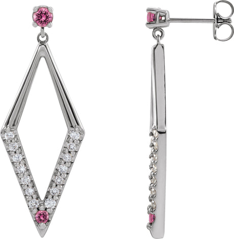 14K Gold Round Natural Pink Sapphire & Natural Diamond Accented Geometric Earrings - White Gold