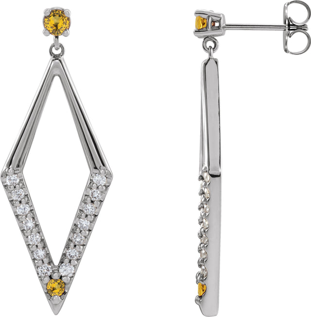14K Gold Round Natural Yellow Sapphire & Natural Diamond Accented Geometric Earrings - White Gold