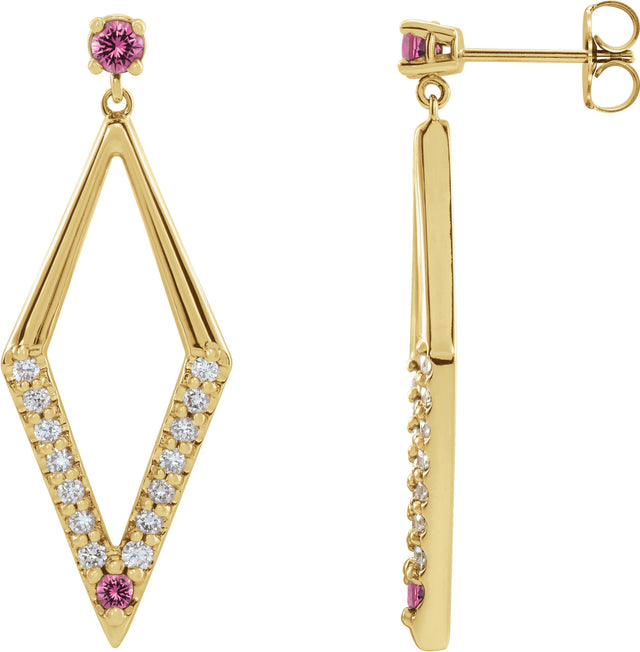 14K Gold Round Natural Pink Sapphire & Natural Diamond Accented Geometric Earrings - Yellow Gold