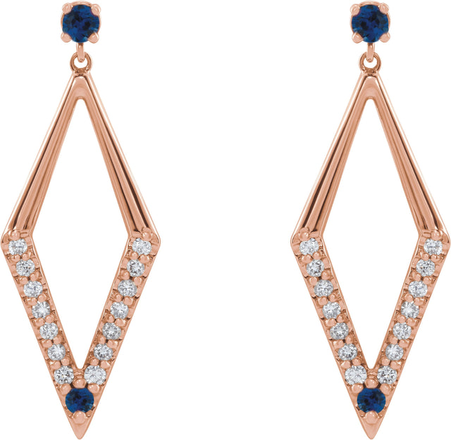 14K Gold Round Natural Blue Sapphire & Natural Diamond Accented Geometric Earrings II - Rose Gold - view 2