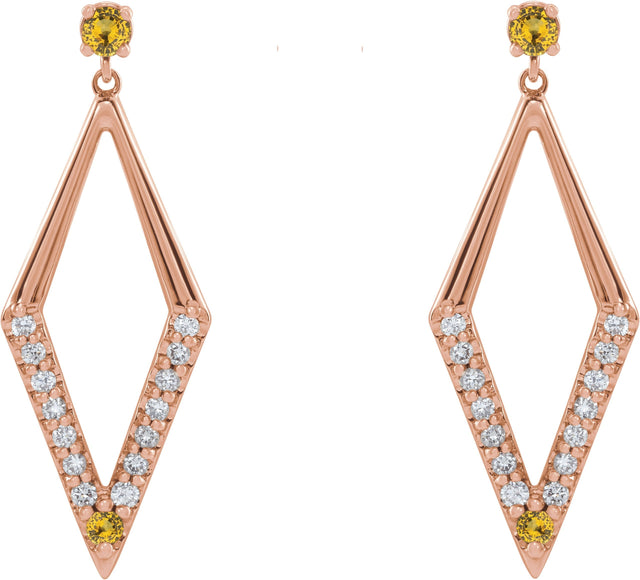 14K Gold Round Natural Yellow Sapphire & Natural Diamond Accented Geometric Earrings - Rose Gold - view 2