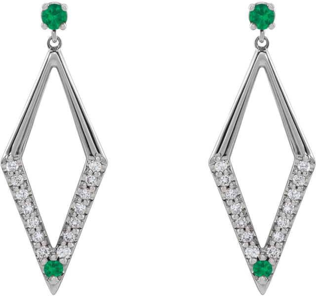 14K Gold Round Natural Emerald & Natural Diamond Accented Geometric Earrings - White Gold - view 2