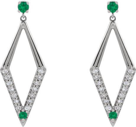 Platinum Round Natural Emerald & Natural Diamond Accented Geometric Earrings - view 2
