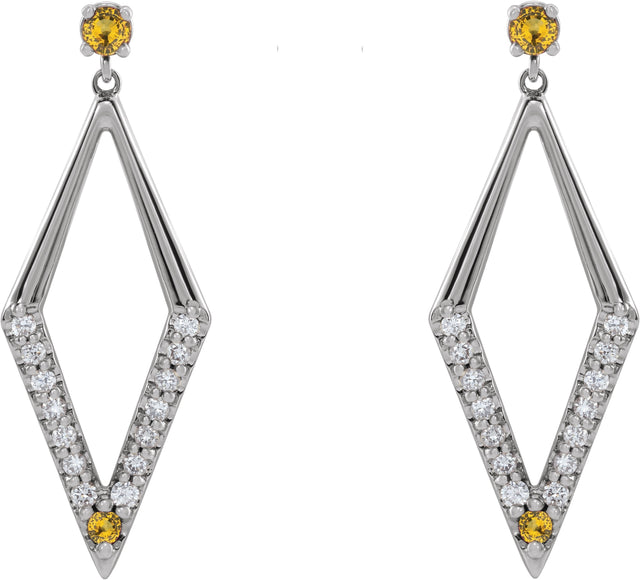 14K Gold Round Natural Yellow Sapphire & Natural Diamond Accented Geometric Earrings - White Gold - view 2