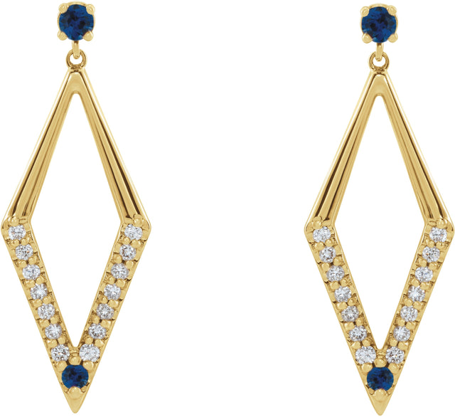 14K Gold Round Natural Blue Sapphire & Natural Diamond Accented Geometric Earrings II - Yellow Gold - view 2