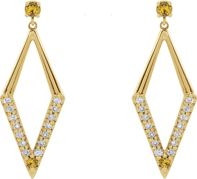14K Gold Round Natural Yellow Sapphire & Natural Diamond Accented Geometric Earrings - Yellow Gold - view 2