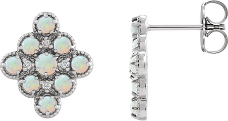 14K Gold Round Natural Ethiopian Opal & Natural Diamond Geometric Cabochon Earrings - White Gold