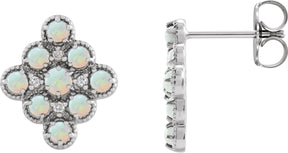 Platinum Round Natural Ethiopian Opal & Natural Diamond Geometric Cabochon Earrings