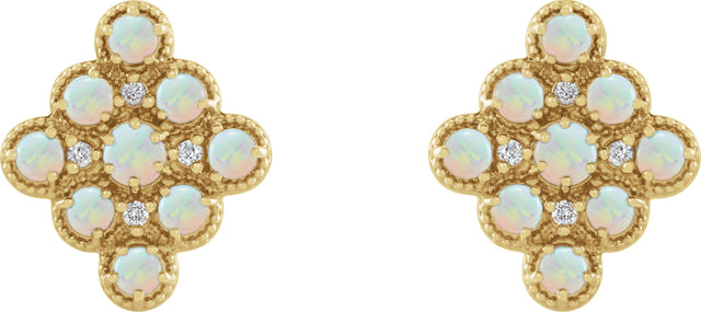 14K Gold Round Natural Ethiopian Opal & Natural Diamond Geometric Cabochon Earrings - Yellow Gold - view 2
