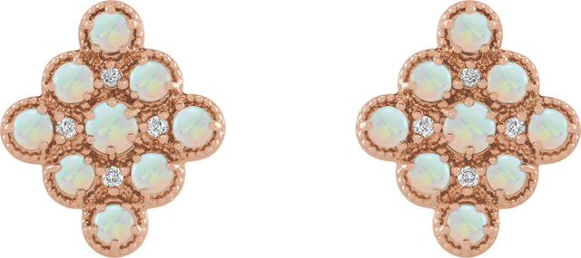 14K Gold Round Natural Ethiopian Opal & Natural Diamond Geometric Cabochon Earrings - Rose Gold - view 2