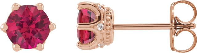 14K Gold Lab-Grown Ruby & Natural Diamond Round 6-Prong Accented Crown Stud Earrings - Rose Gold