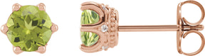 14K Gold Natural Peridot & Natural Diamond Round 6-Prong Accented Crown Stud Earrings - Rose Gold