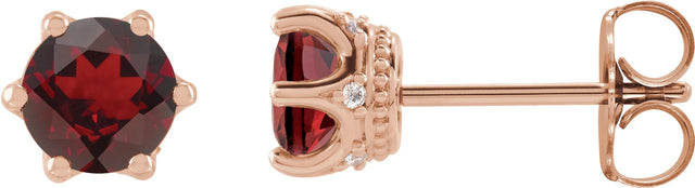 14K Gold Natural Mozambique Garnet & Natural Diamond Round 6-Prong Accented Crown Stud Earrings - Rose Gold