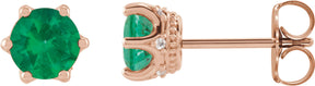 14K Gold Natural Emerald & Natural Diamond Round 6-Prong Accented Crown Stud Earrings - Rose Gold