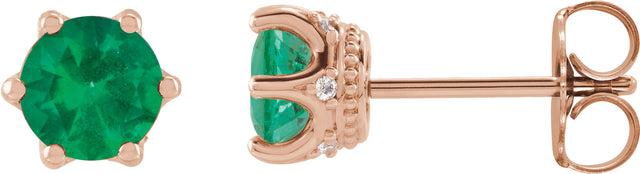 14K Gold Natural Emerald & Natural Diamond Round 6-Prong Accented Crown Stud Earrings - Rose Gold