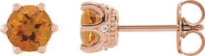 14K Gold Natural Citrine & Natural Diamond Round 6-Prong Accented Crown Stud Earrings - Rose Gold