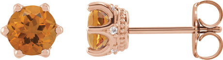 14K Gold Natural Citrine & Natural Diamond Round 6-Prong Accented Crown Stud Earrings - Rose Gold