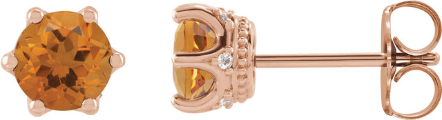 14K Gold Natural Citrine & Natural Diamond Round 6-Prong Accented Crown Stud Earrings - Rose Gold
