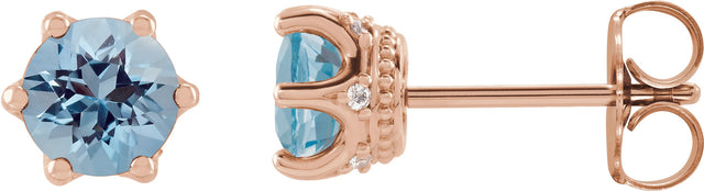 14K Gold Natural Aquamarine & Natural Diamond Round 6-Prong Accented Crown Stud Earrings - Rose Gold
