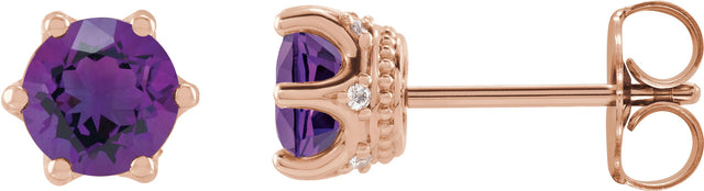 14K Gold Natural Amethyst & Natural Diamond Round 6-Prong Accented Crown Stud Earrings - Rose Gold