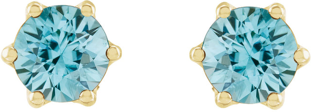 14K Gold Natural Blue Zircon & Natural Diamond Round 6-Prong Accented Crown Stud Earrings - Yellow Gold - view 2