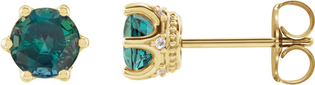 14K Gold Lab-Grown Alexandrite & Natural Diamond Round 6-Prong Accented Crown Stud Earrings - Yellow Gold