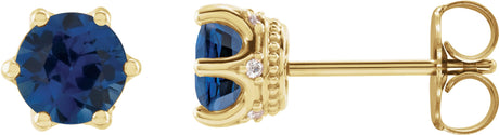 14K Gold Lab-Grown Blue Sapphire & Natural Diamond Round 6-Prong Accented Crown Stud Earrings - Yellow Gold