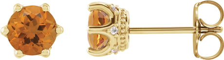 14K Gold Natural Citrine & Natural Diamond Round 6-Prong Accented Crown Stud Earrings - Yellow Gold