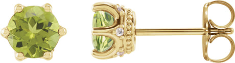14K Gold Natural Peridot & Natural Diamond Round 6-Prong Accented Crown Stud Earrings - Yellow Gold