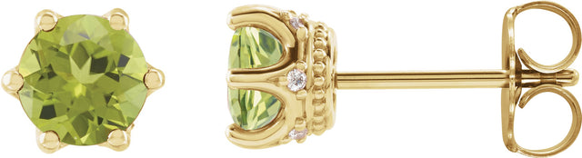 14K Gold Natural Peridot & Natural Diamond Round 6-Prong Accented Crown Stud Earrings - Yellow Gold