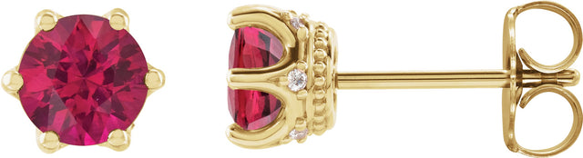 14K Gold Lab-Grown Ruby & Natural Diamond Round 6-Prong Accented Crown Stud Earrings - Yellow Gold