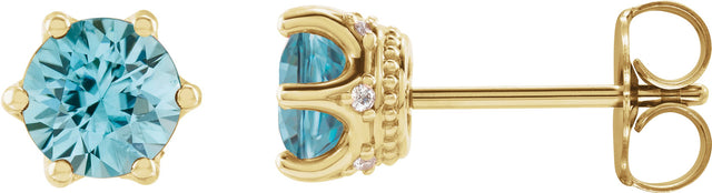 14K Gold Natural Blue Zircon & Natural Diamond Round 6-Prong Accented Crown Stud Earrings - Yellow Gold