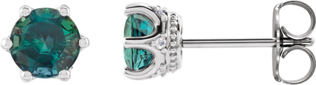 14K Gold Lab-Grown Alexandrite & Natural Diamond Round 6-Prong Accented Crown Stud Earrings - White Gold