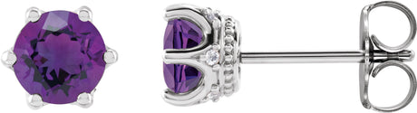 14K Gold Natural Amethyst & Natural Diamond Round 6-Prong Accented Crown Stud Earrings - White Gold