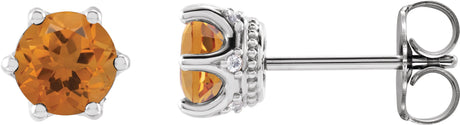 Platinum Natural Citrine & Natural Diamond Round 6-Prong Accented Crown Stud Earrings