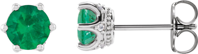 Platinum Lab-Grown Emerald & Natural Diamond Round 6-Prong Accented Crown Stud Earrings