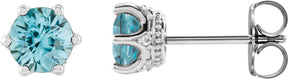Platinum Natural Blue Zircon & Natural Diamond Round 6-Prong Accented Crown Stud Earrings