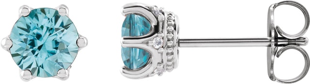 Platinum Natural Blue Zircon & Natural Diamond Round 6-Prong Accented Crown Stud Earrings