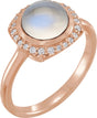 14K Gold Round Natural Rainbow Moonstone & Natural Diamond Halo-Style Cabochon Ring - Rose Gold