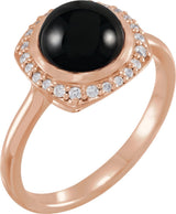 14K Gold Round Natural Black Onyx & Natural Diamond Halo-Style Cabochon Ring - Rose Gold