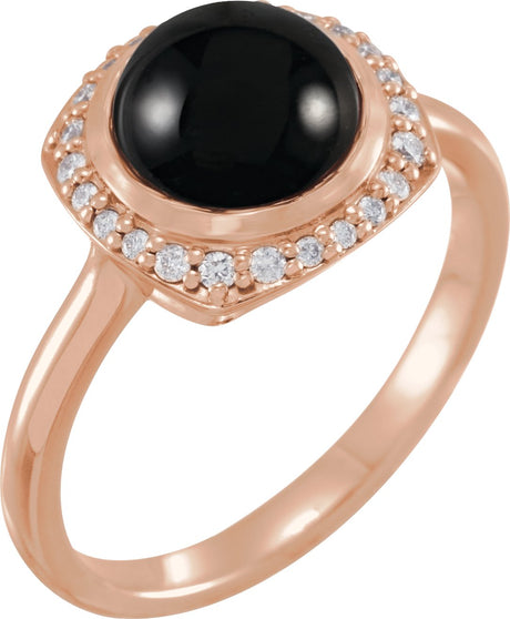 14K Gold Round Natural Black Onyx & Natural Diamond Halo-Style Cabochon Ring - Rose Gold