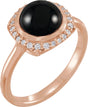 14K Gold Round Natural Black Onyx & Natural Diamond Halo-Style Cabochon Ring - Rose Gold
