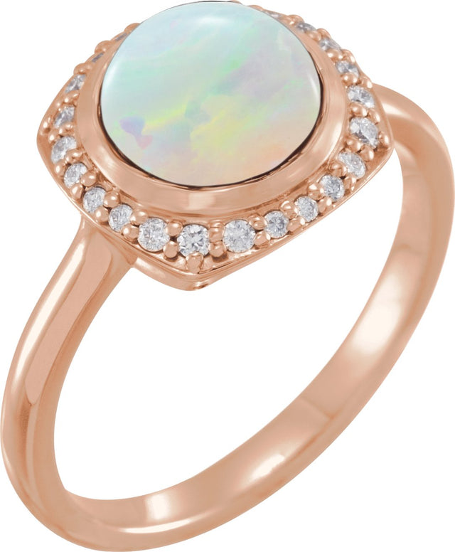 14K Gold Round Natural Ethiopian Opal & Natural Diamond Halo-Style Cabochon Ring - Rose Gold