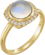 14K Gold Round Natural Rainbow Moonstone & Natural Diamond Halo-Style Cabochon Ring - Yellow Gold