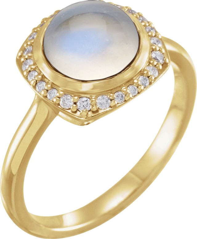 14K Gold Round Natural Rainbow Moonstone & Natural Diamond Halo-Style Cabochon Ring - Yellow Gold